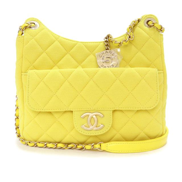 （新品・未使用品）シャネル CHANEL ホーボー マトラッセ ココマーク チェーン ショルダーバッグ 斜め掛け ウールジャージー イエロー 黄 アンティークゴールド金具 AS3690