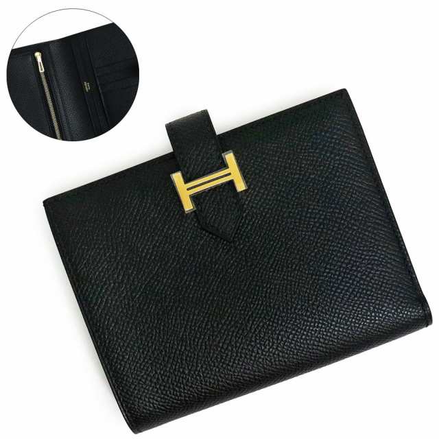 （新品・未使用品）エルメス HERMES ベアン コンパクト 二つ折り財布 ヴォーエプソン レザー ノワール ブラック 黒 ゴールド金具 W刻印 箱付の通販は