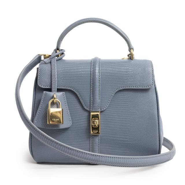 （未使用　展示品）セリーヌ CELINE 16 セーズ ミニ 2way ショルダー ハンドバッグ 斜め掛け リザード エキゾチックレザー ブルー 青 ゴールド金具 197984