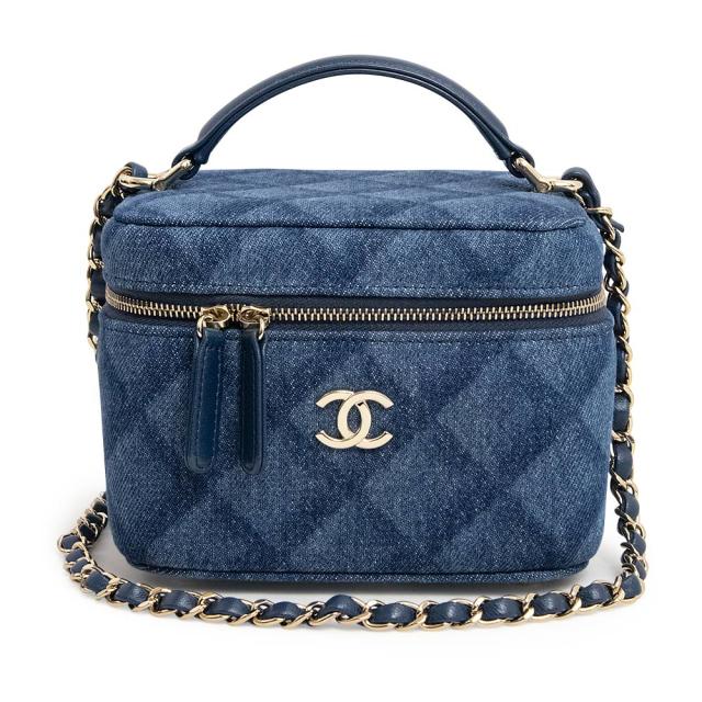 （未使用　展示品）シャネル CHANEL スモール ヴァニティー ケース バニティ チェーン 2way ショルダー ハンドバッグ 斜め掛け デニム レザー ネイビー 紺 ライトゴールド金具 AS3171