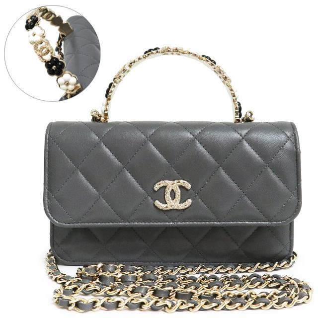 （新品・未使用品）シャネル CHANEL マトラッセ カメリア トップハンドル チェーンウォレット 長財布 斜め掛け ショルダーバッグ ラムスキン レザー グレー ゴールド金具 箱付の通販はショルダーバッグ