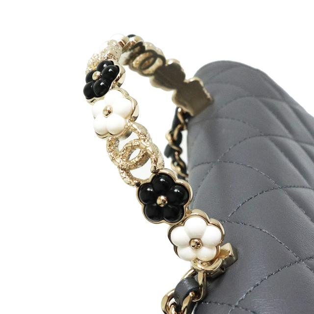 （新品・未使用品）シャネル CHANEL マトラッセ カメリア トップハンドル チェーンウォレット 長財布 斜め掛け ショルダーバッグ ラムスキン レザー グレー ゴールド金具 箱付の通販は