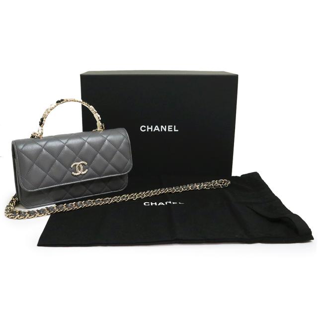 （新品・未使用品）シャネル CHANEL マトラッセ カメリア トップハンドル チェーンウォレット 長財布 斜め掛け ショルダーバッグ ラムスキン レザー グレー ゴールド金具 箱付の通販は