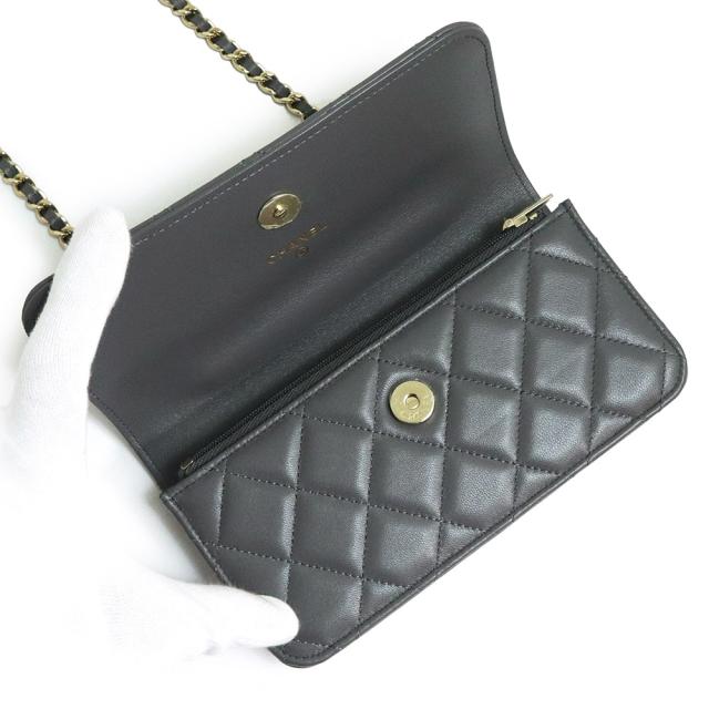 （新品・未使用品）シャネル CHANEL マトラッセ カメリア トップハンドル チェーンウォレット 長財布 斜め掛け ショルダーバッグ ラムスキン レザー グレー ゴールド金具 箱付の通販は