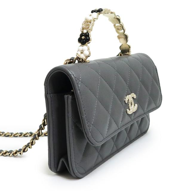 （新品・未使用品）シャネル CHANEL マトラッセ カメリア トップハンドル チェーンウォレット 長財布 斜め掛け ショルダーバッグ ラムスキン レザー グレー ゴールド金具 箱付の通販は