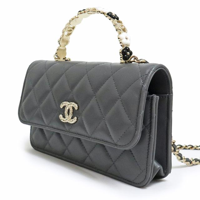 （新品・未使用品）シャネル CHANEL マトラッセ カメリア トップハンドル チェーンウォレット 長財布 斜め掛け ショルダーバッグ ラムスキン レザー グレー ゴールド金具 箱付の通販は