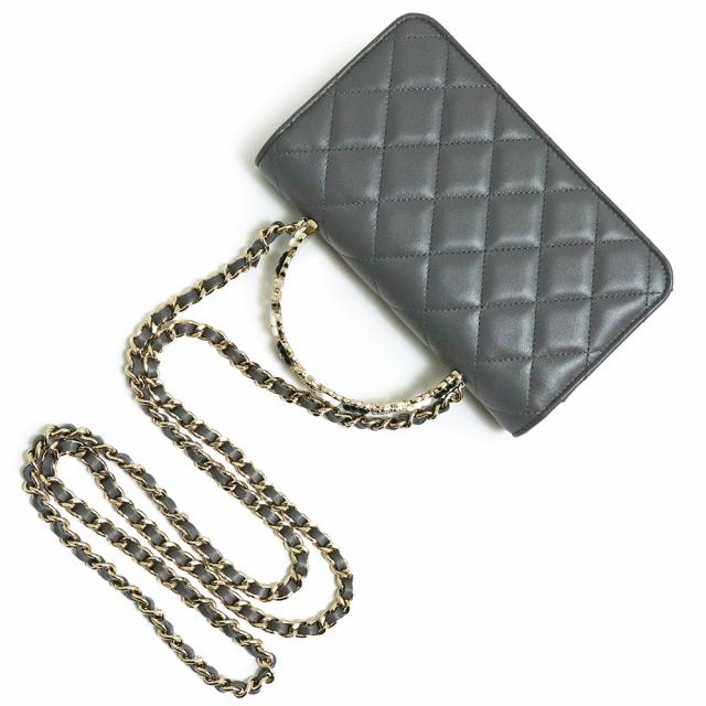 （新品・未使用品）シャネル CHANEL マトラッセ カメリア トップハンドル チェーンウォレット 長財布 斜め掛け ショルダーバッグ ラムスキン レザー グレー ゴールド金具 箱付の通販は