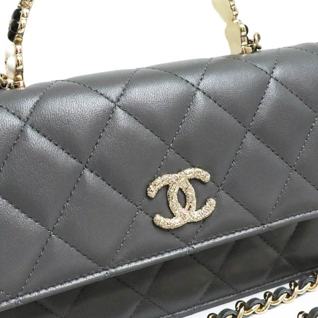 （新品・未使用品）シャネル CHANEL マトラッセ カメリア トップハンドル チェーンウォレット 長財布 斜め掛け ショルダーバッグ ラムスキン レザー グレー ゴールド金具 箱付の通販は