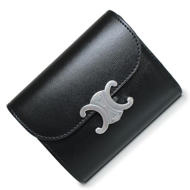 （新品・未使用品）セリーヌ CELINE スモールウォレット トリオンフ コンパクト 三つ折り財布 シャイニーカーフスキン レザー ブラック 黒 シルバー金具 10D783DPV 箱付の通販は 53,460円