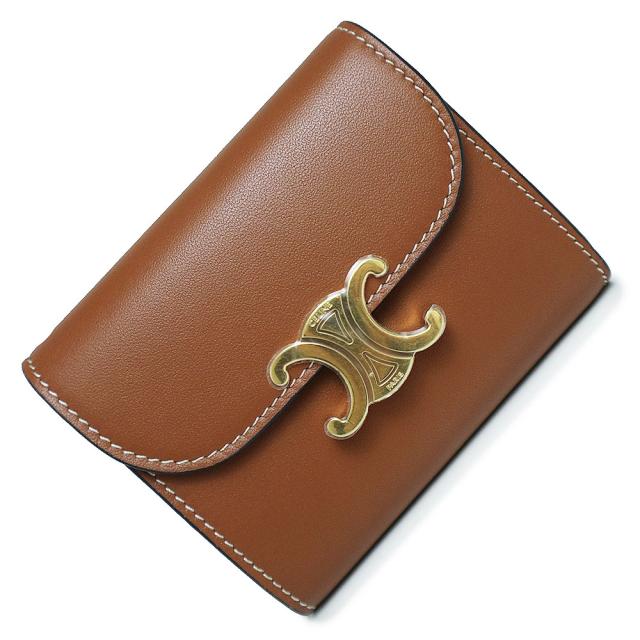 （新品・未使用品）セリーヌ CELINE スモールウォレット トリオンフ コンパクト 三つ折り財布 シャイニーカーフスキン レザー タン ブラウン 茶 ゴールド金具 10D783BZG 箱付の通販は