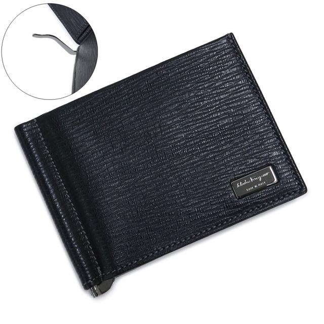（新品・未使用品）サルヴァトーレフェラガモ Salvatore Ferragamo ロゴプレート 札入れ マネークリップ 二つ折り財布 カーフスキン レザー ネロ ブラック 黒 ガンメタル金具 66 8060 箱付の通販は