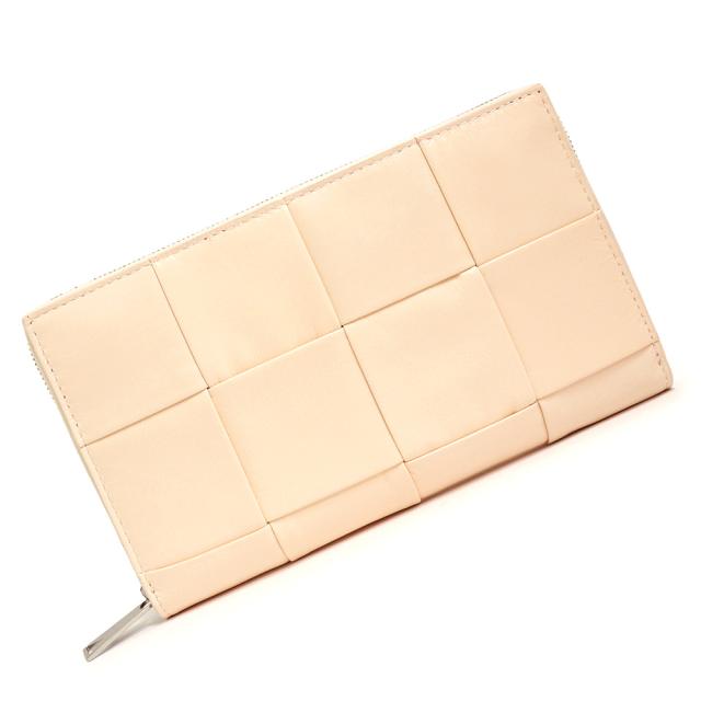 (新品・未使用品)ボッテガヴェネタ BOTTEGA VENETA マキシイントレチャート カセット ジップアラウンドウォレット ラウンドファスナー 長財布 カーフスキン レザー ピンクベージュ シルバー金具 690945の通販は