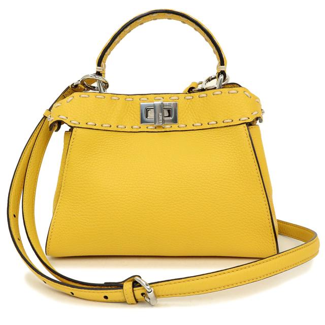 （未使用　展示品）フェンディ FENDI ピーカブー アイコニック ミニ セレリア オーバーサイズトップステッチ 2way ショルダー ハンドバッグ 斜め掛け グレインレザー スウェード イエロー 黄 シルバー金具 8BN244