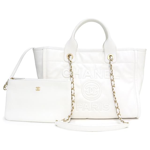 （未使用　展示品）シャネル CHANEL ドーヴィル ショッピング 2way トート ハンドバッグ カーフスキン レザー ホワイト 白 ゴールド金具 AS3351 箱付