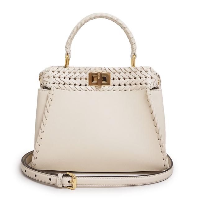 （新品・未使用品）フェンディ FENDI ピーカブー ミニ インターレース 2way ショルダー ハンドバッグ 斜め掛け カーフスキン レザー カメリア ライトベージュ ホワイト 白 ゴールド金具 8BN244の通販は