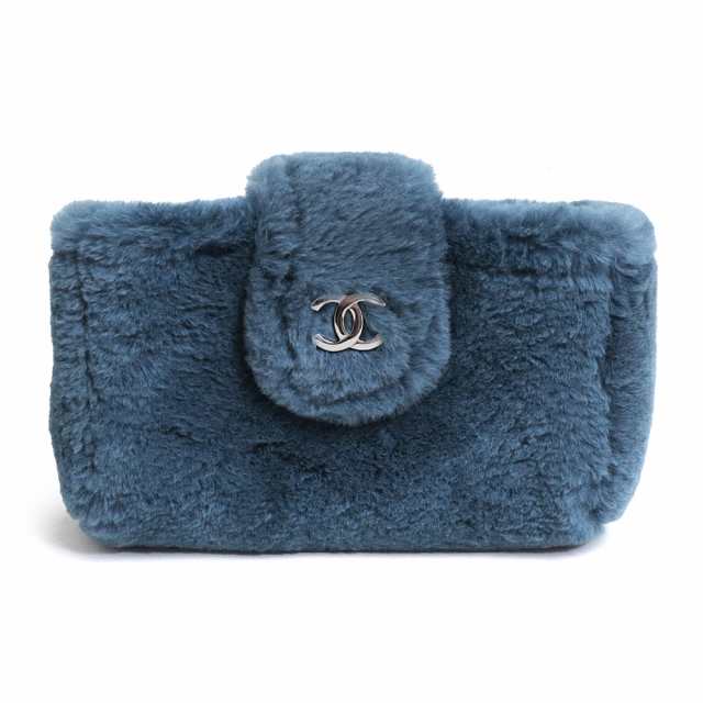 （未使用　展示品）シャネル CHANEL ラパン ラビットファー マルチポーチ オリラグ カーフスキンレザー スモークブルー 青 シルバー金具 A68781 箱付