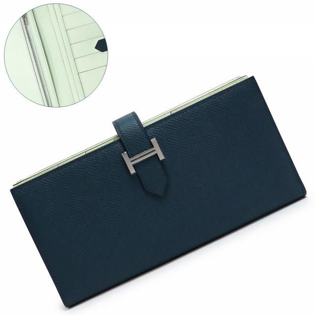 （新品・未使用品）エルメス HERMES ベアン スフレ ヴェルソ 二つ折り長財布 ヴォーエプソン レザー ブルードプリュス ヴェールフィズ ネイビー ライトグリーン 紺 緑 シルバー金具 W刻印 箱付