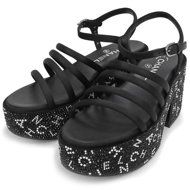 （新品・未使用品）シャネル CHANEL グログラン ラインストーン 厚底 サンダル 靴 #38.5 25.5cm レザー ストラス ブラック 黒 シルバー金具 G45364