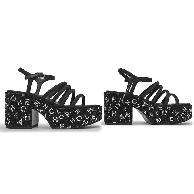 （新品・未使用品）シャネル CHANEL グログラン ラインストーン 厚底 サンダル 靴 #38.5 25.5cm レザー ストラス ブラック 黒 シルバー金具 G45364