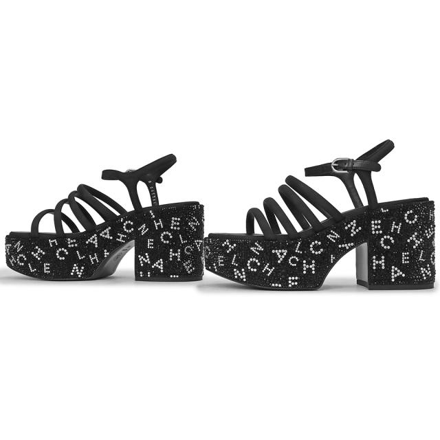 （新品・未使用品）シャネル CHANEL グログラン ラインストーン 厚底 サンダル 靴 #38.5 25.5cm レザー ストラス ブラック 黒 シルバー金具 G45364