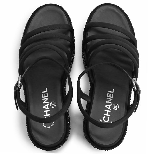（新品・未使用品）シャネル CHANEL グログラン ラインストーン 厚底 サンダル 靴 #38.5 25.5cm レザー ストラス ブラック 黒 シルバー金具 G45364