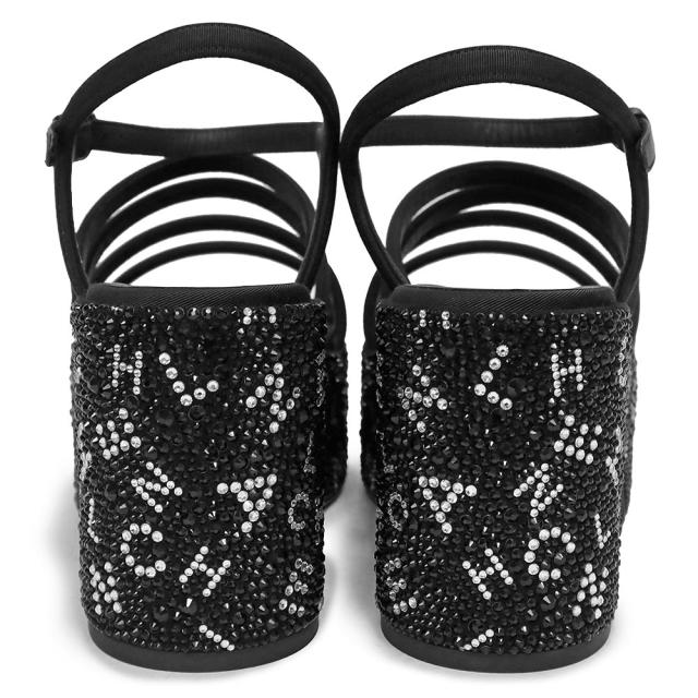 （新品・未使用品）シャネル CHANEL グログラン ラインストーン 厚底 サンダル 靴 #38.5 25.5cm レザー ストラス ブラック 黒 シルバー金具 G45364