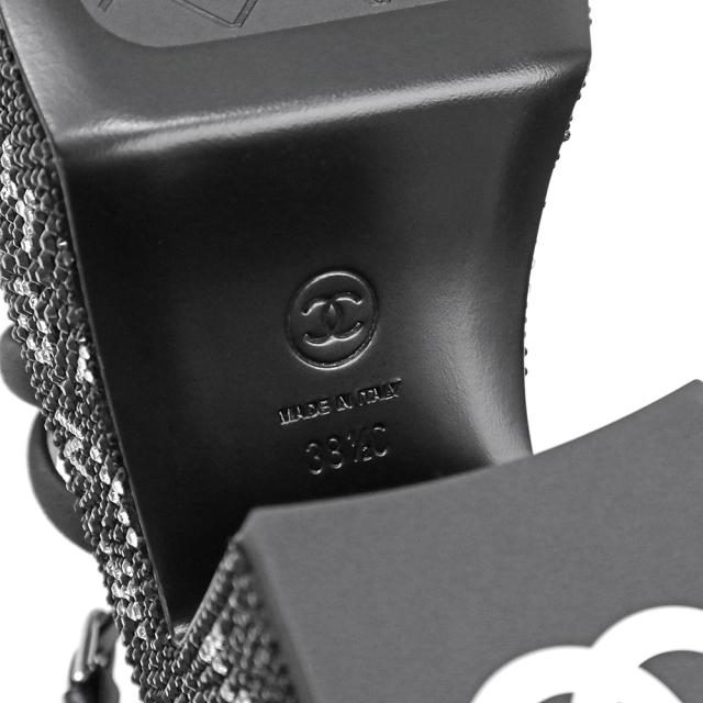 （新品・未使用品）シャネル CHANEL グログラン ラインストーン 厚底 サンダル 靴 #38.5 25.5cm レザー ストラス ブラック 黒 シルバー金具 G45364