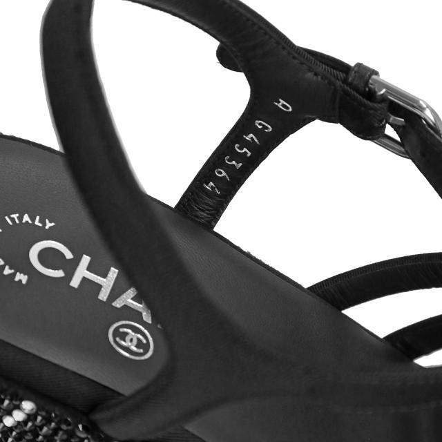 （新品・未使用品）シャネル CHANEL グログラン ラインストーン 厚底 サンダル 靴 #38.5 25.5cm レザー ストラス ブラック 黒 シルバー金具 G45364