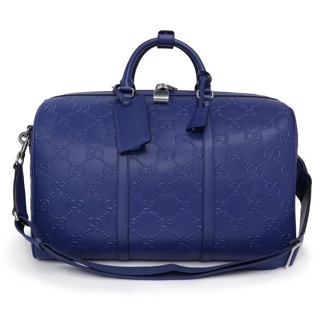 （未使用　展示品）グッチ GUCCI スモール 2way ショルダー ダッフル ボストンバッグ 斜め掛け 旅行鞄 GGエンボスレザー ブルー 青 シルバー金具 725282