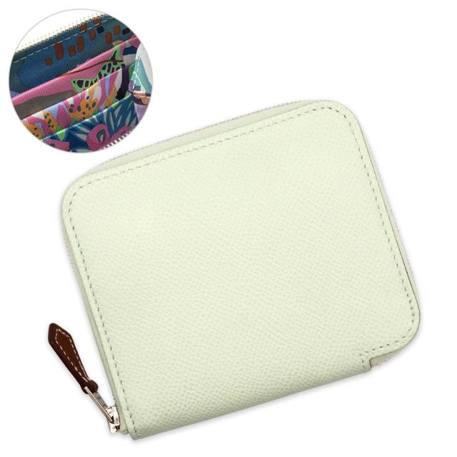 （新品・未使用品）エルメス HERMES アザップコンパクト シルクイン EN LIBERTE アンリベルテ ケース 小銭入れ 財布 ヴォーエプソン レザー Vert Fizz ヴェールフィズ Cassis カシス 緑 シルバー金具 U刻印 箱付
