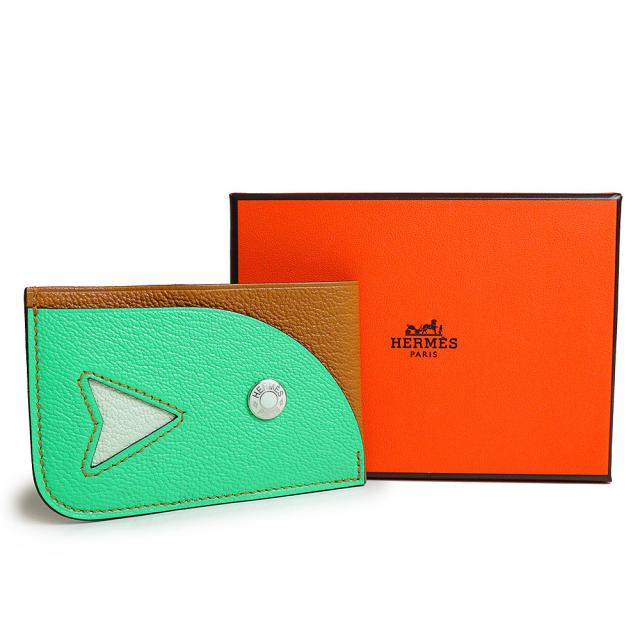 （新品・未使用品）エルメス HERMES ポワソン カードケース シェブル シェーブルミゾール レザー キャラメル ヴェールコミック ヴェールフィズ グリーン ブラウン 緑 茶 シルバー金具 B刻印 箱付_1