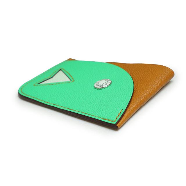 （新品・未使用品）エルメス HERMES ポワソン カードケース シェブル シェーブルミゾール レザー キャラメル ヴェールコミック ヴェールフィズ グリーン ブラウン 緑 茶 シルバー金具 B刻印 箱付_4