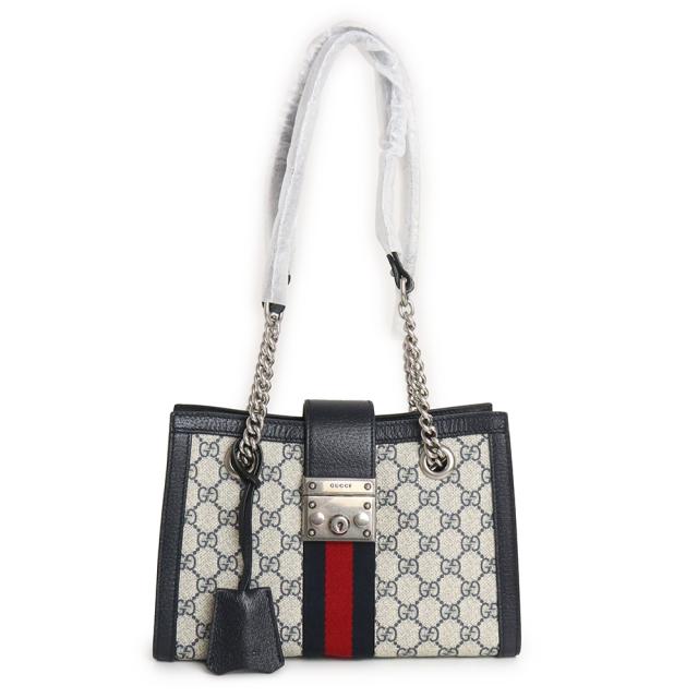 （新品・未使用品）グッチ GUCCI パドロック ミディアム ウェブ ストライプ チェーン トートバッグ GGスプリームキャンバス ネイビー ベージュ 紺 シルバー金具 498156