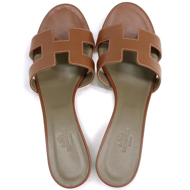 （美品）エルメス HERMES オアジス サンダル 靴 #39.5 25.5cm カーフスキン レザー Gold ゴールド ブラウン 茶 箱付