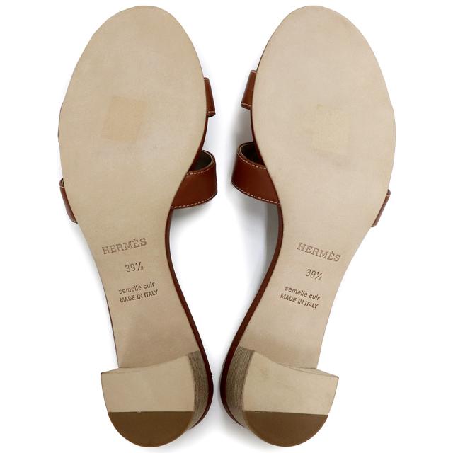 （美品）エルメス HERMES オアジス サンダル 靴 #39.5 25.5cm カーフスキン レザー Gold ゴールド ブラウン 茶 箱付