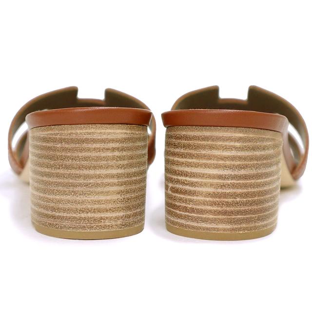 （美品）エルメス HERMES オアジス サンダル 靴 #39.5 25.5cm カーフスキン レザー Gold ゴールド ブラウン 茶 箱付