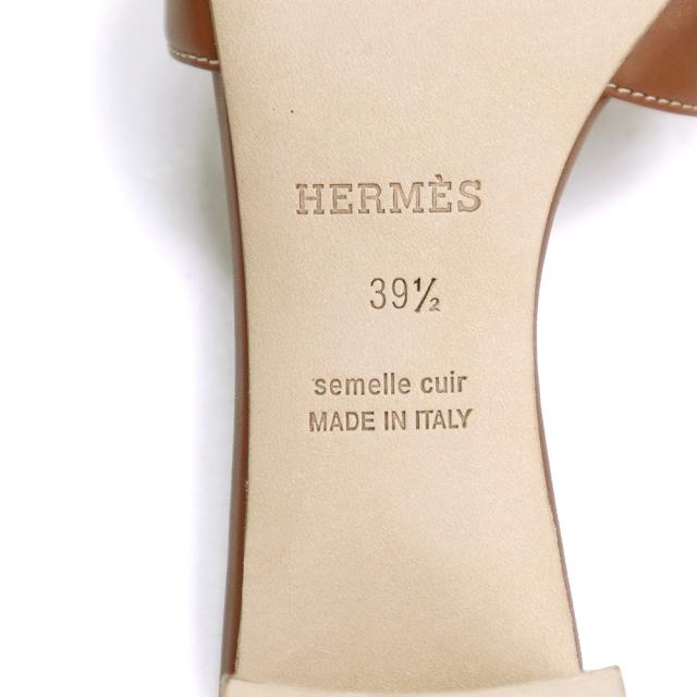 （美品）エルメス HERMES オアジス サンダル 靴 #39.5 25.5cm カーフスキン レザー Gold ゴールド ブラウン 茶 箱付