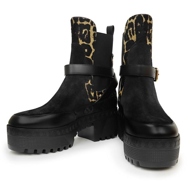 （新品・未使用品）ルイ ヴィトン LOUIS VUITTON 伊勢丹新宿限定 ローリエート ライン レオパード サイドゴア ブーツ 靴 #38 24.5cm スウェード カーフスキン レザー ブラック ベージュ 黒 ゴールド金具