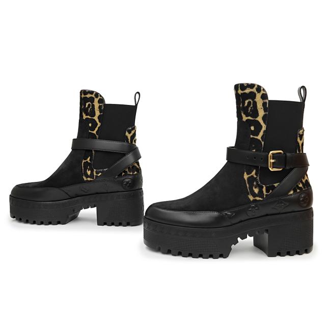 （新品・未使用品）ルイ ヴィトン LOUIS VUITTON 伊勢丹新宿限定 ローリエート ライン レオパード サイドゴア ブーツ 靴 #38 24.5cm スウェード カーフスキン レザー ブラック ベージュ 黒 ゴールド金具
