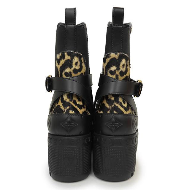 （新品・未使用品）ルイ ヴィトン LOUIS VUITTON 伊勢丹新宿限定 ローリエート ライン レオパード サイドゴア ブーツ 靴 #38 24.5cm スウェード カーフスキン レザー ブラック ベージュ 黒 ゴールド金具