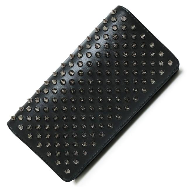 （未使用　展示品）クリスチャンルブタン Christian Louboutin マカロン ウォレット スパイクスタッズ 二つ折り長財布 クラッチバッグ カーフスキン レザー ブラック 黒 ガンメタル金具 1165076