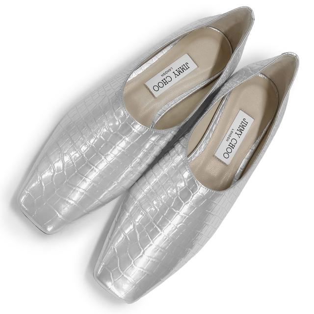 （未使用保管品）ジミーチュウ JIMMY CHOO ジョセリン フラット 靴 シューズ #38.5 25.5cm パンプス クロコ型押しレザー シルバー JOSELYN