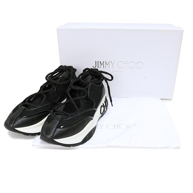 （未使用保管品）ジミーチュウ JIMMY CHOO ミシガン 編み上げ スニーカー 靴 #38 25cm メッシュ ナッパ パテントレザー ブラック 黒 MICHIGAN_1