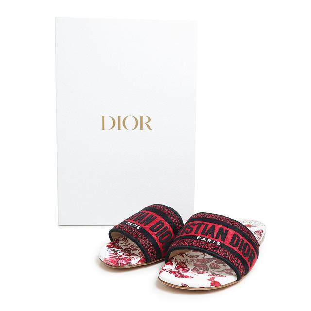 （未使用　展示品）クリスチャンディオール Christian Dior ル クール デ パピヨン カプセルコレクション Dウェイ Dway スライド サンダル #35.5 22.5cm エンブロイダリー コットン ホワイト レッド ブラック 白 赤 黒 KCQ209BHY 箱付