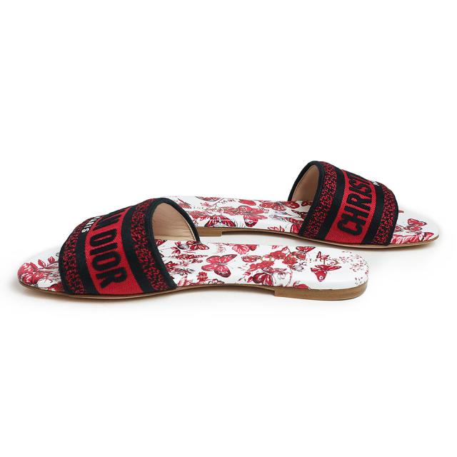 （未使用　展示品）クリスチャンディオール Christian Dior ル クール デ パピヨン カプセルコレクション Dウェイ Dway スライド サンダル #35.5 22.5cm エンブロイダリー コットン ホワイト レッド ブラック 白 赤 黒 KCQ209BHY 箱付