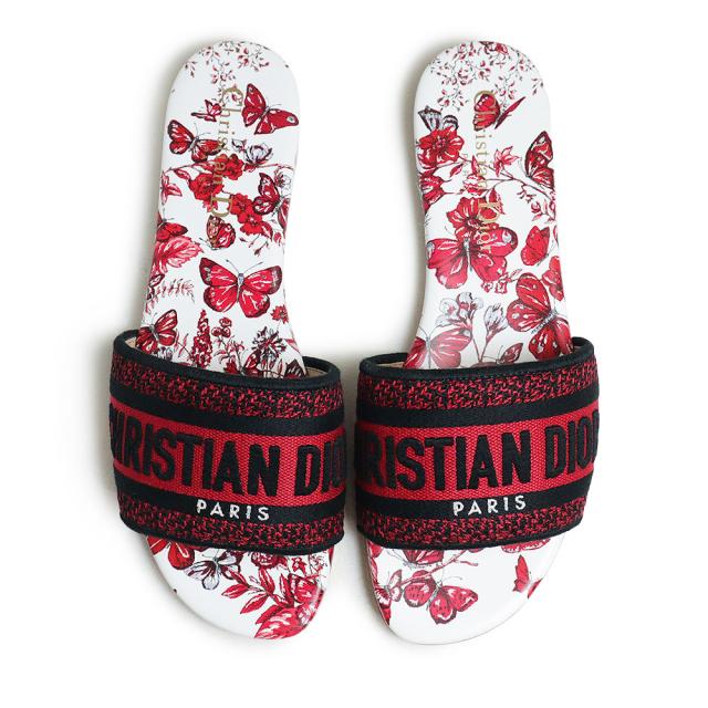 （未使用　展示品）クリスチャンディオール Christian Dior ル クール デ パピヨン カプセルコレクション Dウェイ Dway スライド サンダル #35.5 22.5cm エンブロイダリー コットン ホワイト レッド ブラック 白 赤 黒 KCQ209BHY 箱付