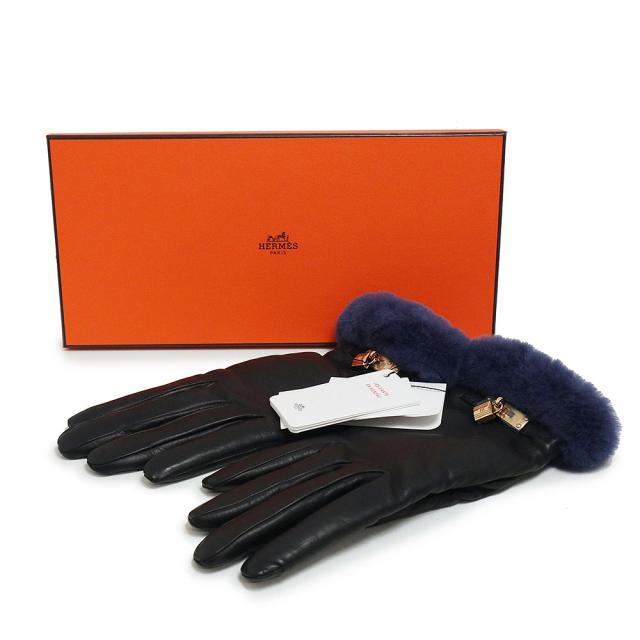 HERMES カデナチャームグローブ ブラック ラムスキン レディース 手袋