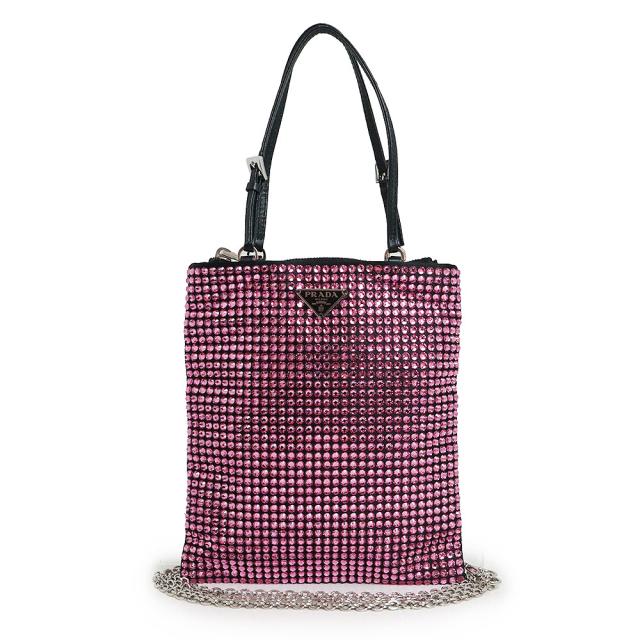 （未使用　展示品）プラダ PRADA トライアングル 三角ロゴプレート 2WAY チェーン ショルダー ハンドバッグ 斜め掛け クリスタル サテン レザー ローザ ピンク シルバー金具 1BA253