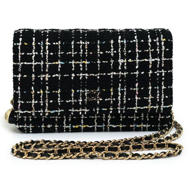 （未使用　展示品）シャネル CHANEL マトラッセ クラシック チェーンウォレット 長財布 ショルダーバッグ 斜め掛け ツイード ブラック マルチカラー 黒 ゴールド金具 A33814 箱付