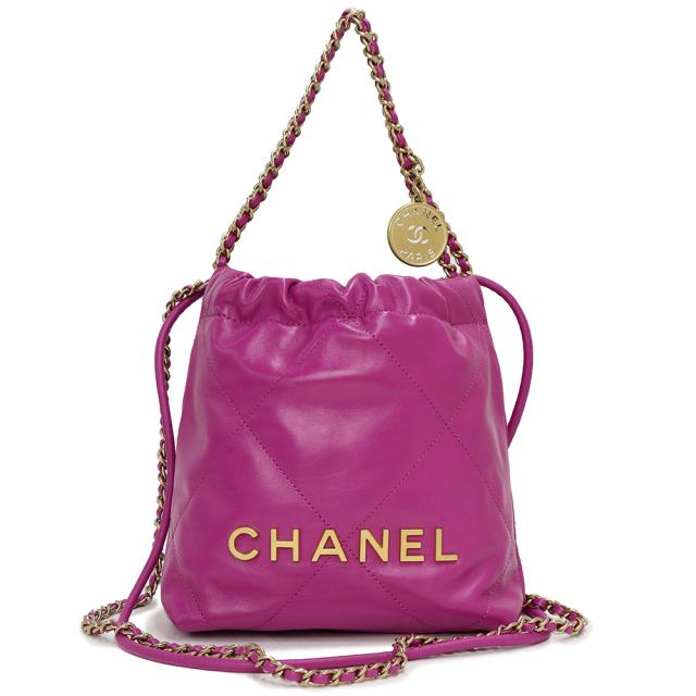 （未使用　展示品）シャネル CHANEL 22 ミニ マトラッセ チェーン ダブルショルダー ハンドバッグ 2way 斜め掛け シャイニーカーフスキン レザー パープル 紫 ゴールド金具 AS3980